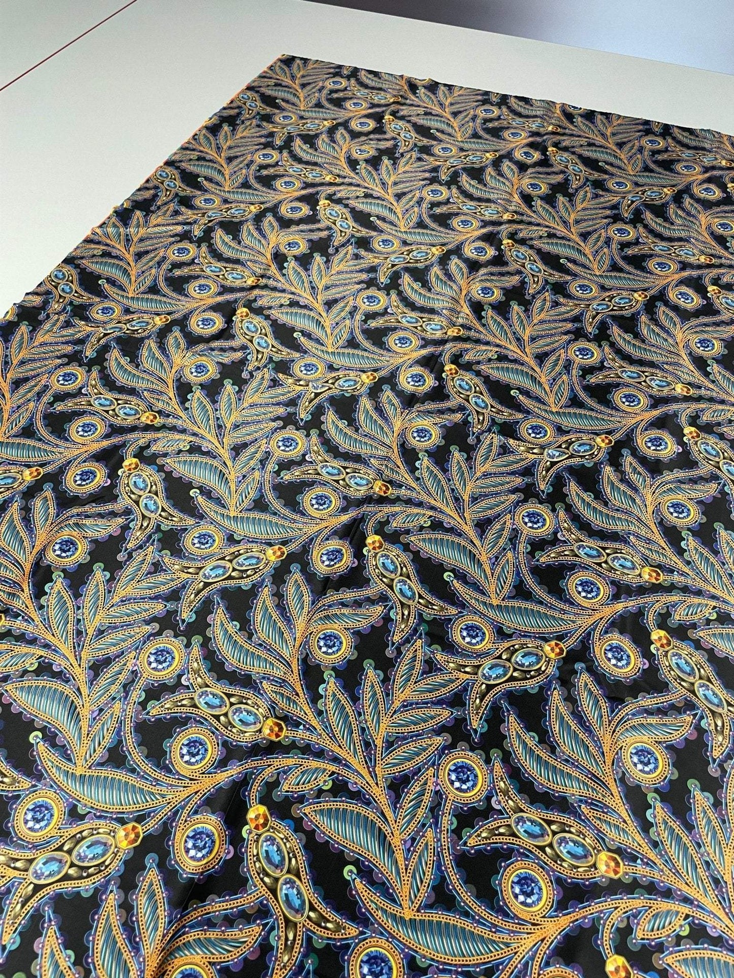 Luxury Peacock Feather Fabric with Jewel Accents Sold by Metre