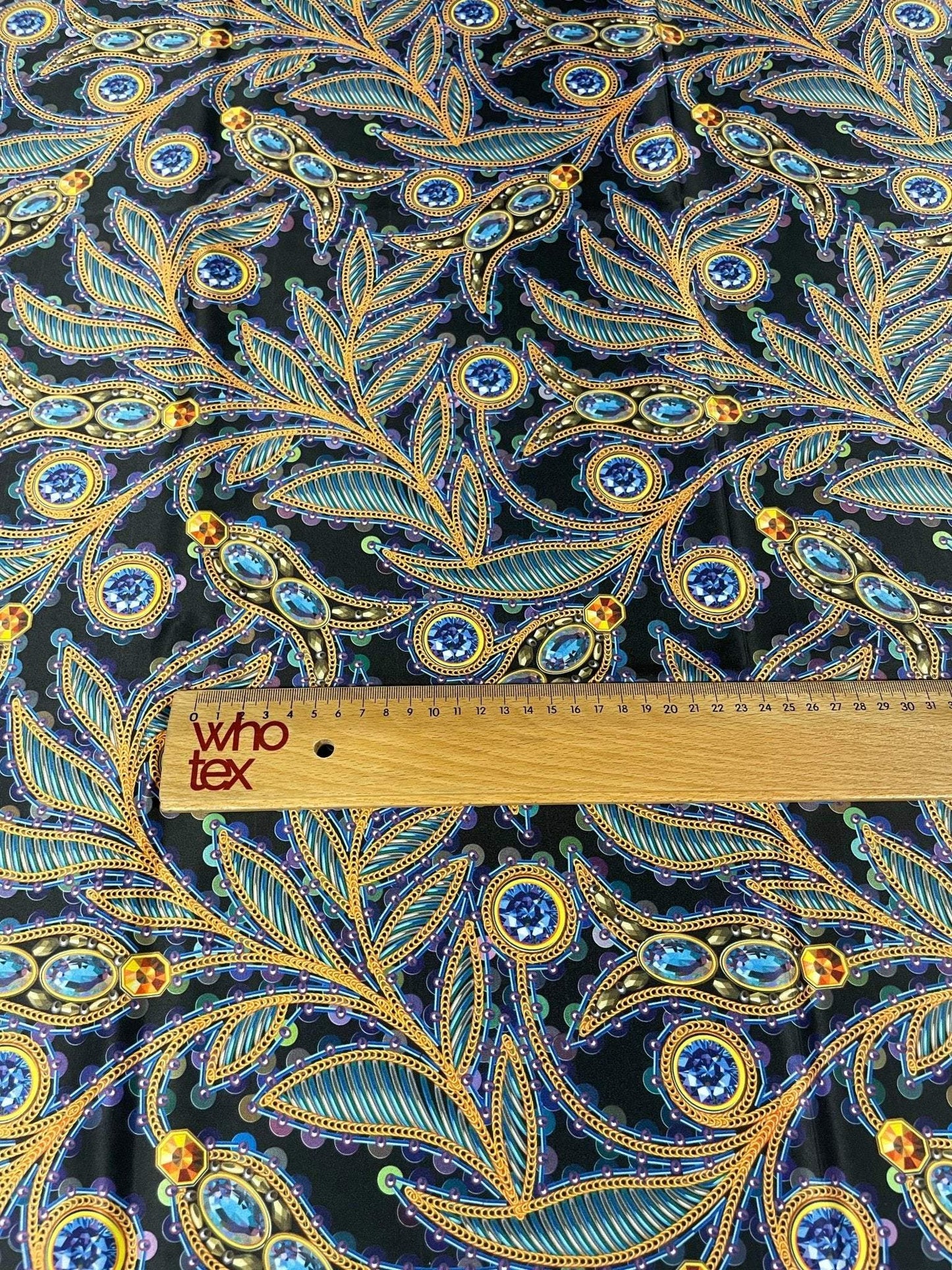 Luxury Peacock Feather Fabric with Jewel Accents Sold by Metre