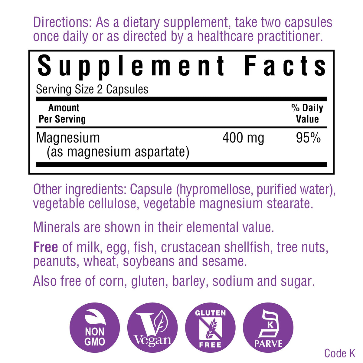 Bluebonnet Nutrition Magnesium 400 mg Chelated Magnesium Aspartate Daily Mineral, Heart & Bone Support* Supplement for Men & Women Vegan, Non-GMO - 200 Vegetable Capsules