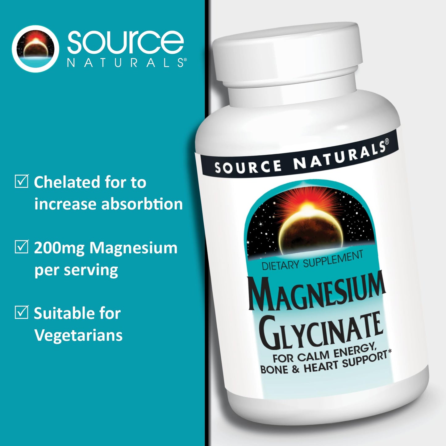 Source Naturals Magnesium Glycinate | Chelated for High Absorption | Calming Energy, Bone & Heart Support* | 200 mg per Serving - 180 Tablets