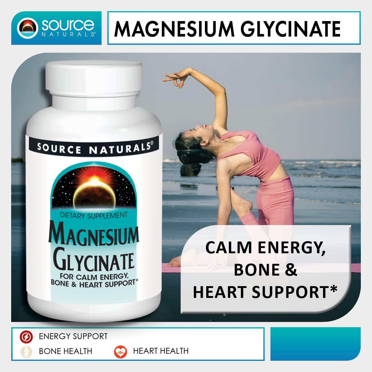 Source Naturals Magnesium Glycinate | Chelated for High Absorption | Calming Energy, Bone & Heart Support* | 200 mg per Serving - 180 Tablets