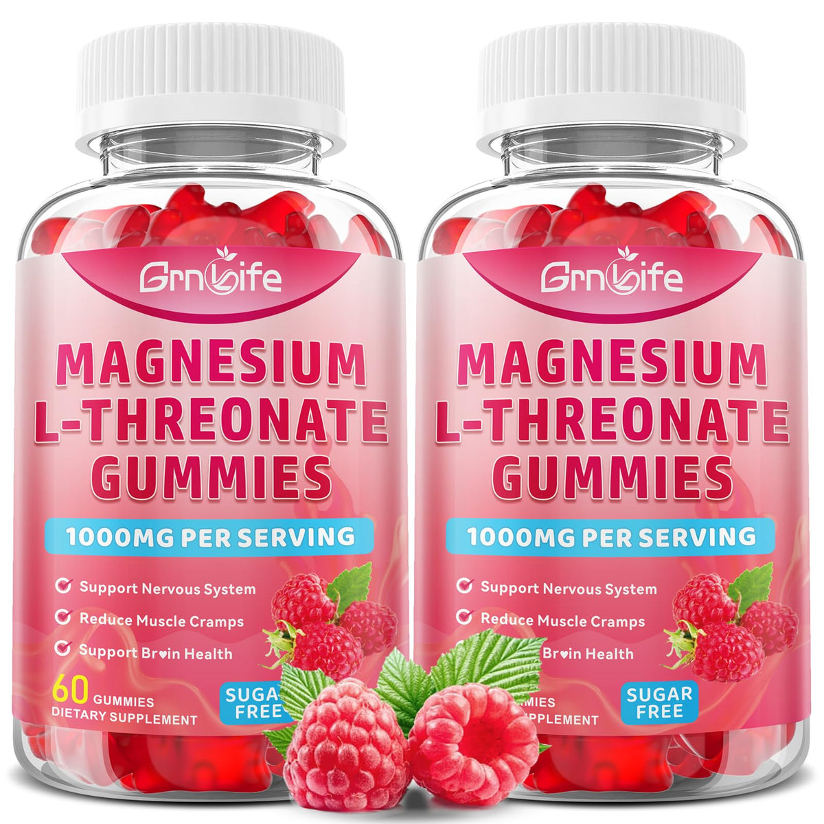 2 Pack Magnesium L-Threonate Gummies 1000MG – Sugar-Free Raspberry (120 Count)