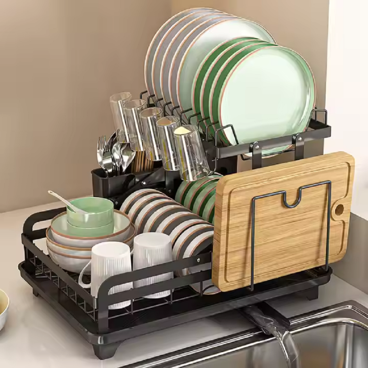 2 Tier Dish Drainer Rack with Drip Tray, Large Capacity Kitchen Organizer with Swivel Drainage Spout