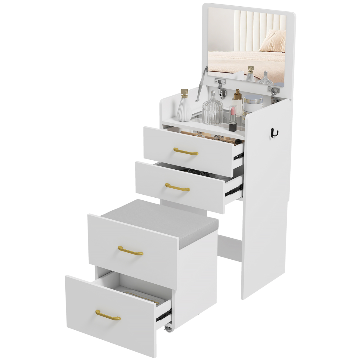 HOMCOM 3 in 1 Dressing Table Vanity Desk with Mirror and Cushioned Stool