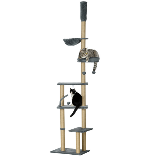 6-Tier Floor to Ceiling Cat Tree with Scratching Post, Bed, Hammock, Grey