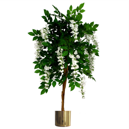 130cm Luxury Artificial Wisteria Tree White Flowers - Premium Range Gold Metal Planter