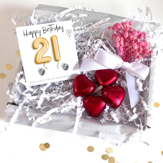 21st Birthday Cubic Zirconia Stud Earrings & Gold Balloons Mini Gift Hamper | Twenty First Gift | Girls 21st Birthday Gift Set UK