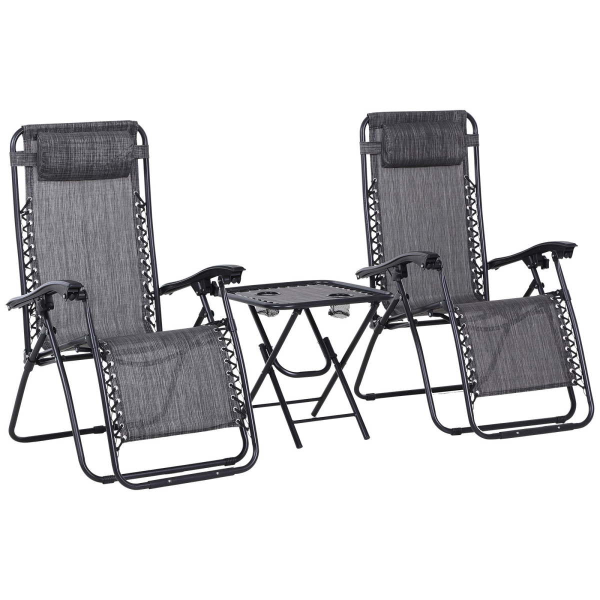 3PC Zero Gravity Chairs Sun Lounger Table Set Cup Holders Light Grey Outsunny
