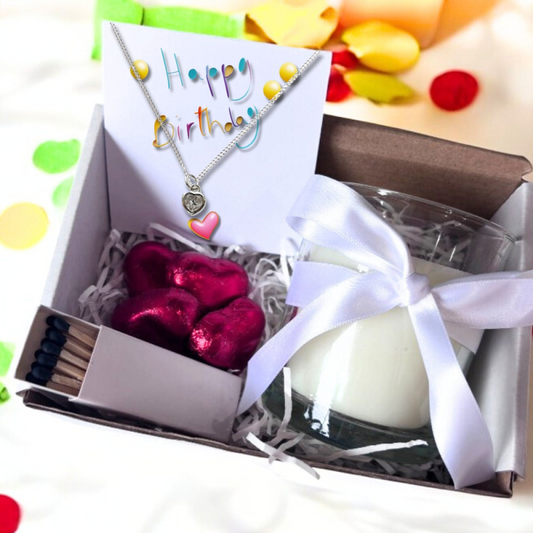 Small Happy Birthday Gift Hamper - Cubic Zirconia Heart Necklace, Chocolates & Candle