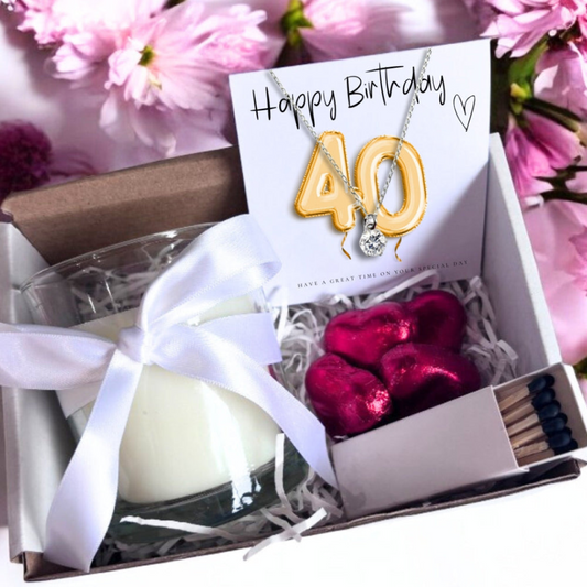 Small 40th Birthday Gold Balloons Gift Hamper | Cubic Zirconia Charm Necklace, Chocolates & Candle