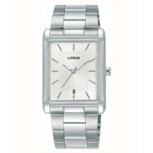 Lorus Mens Basic Fashion Rectangular Date Silver Dial Silver Stainless Steel Bracelet Watch RH937RX9