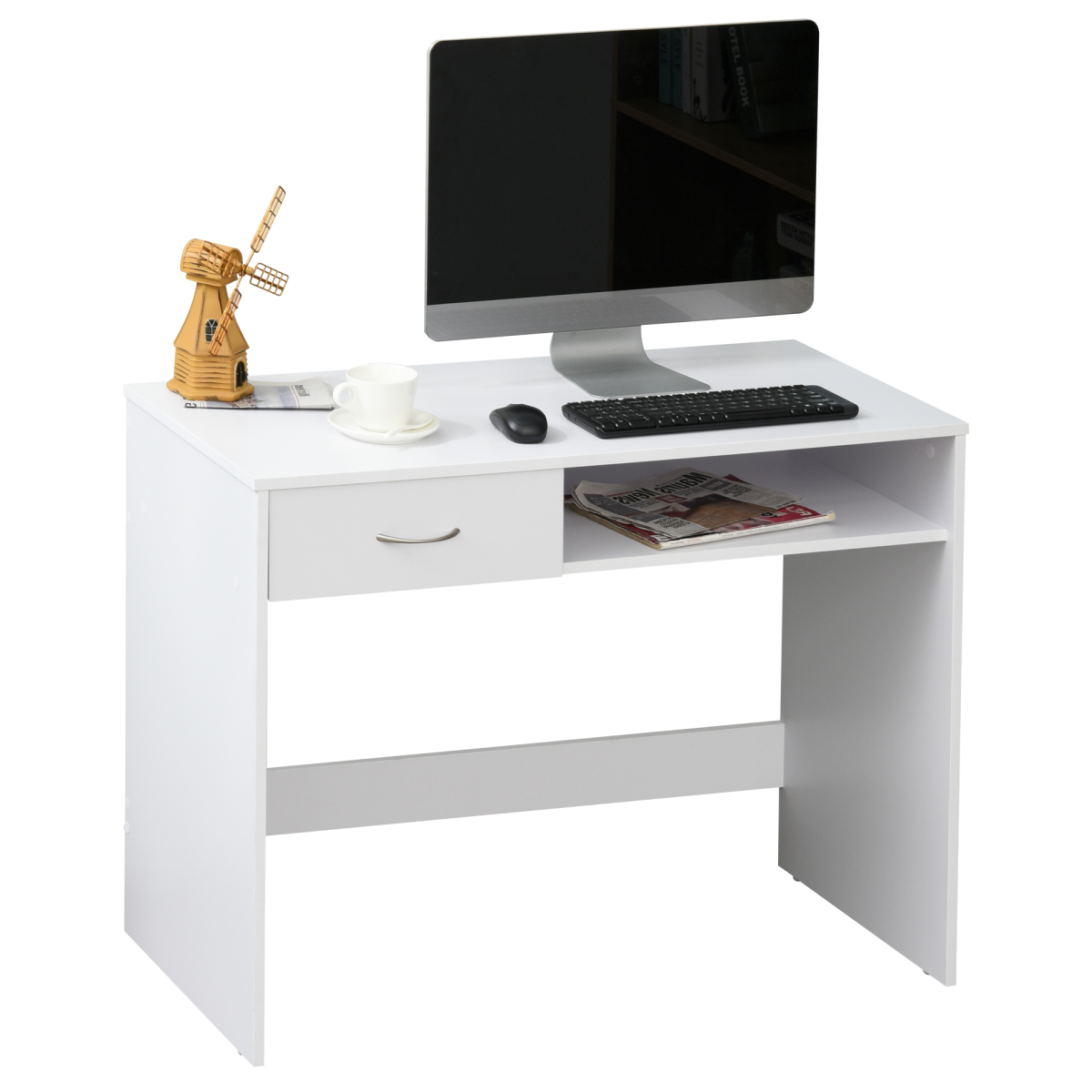 HOMCOM Modern Computer Work Desk Table Study Shelf Drawer Writing Station White