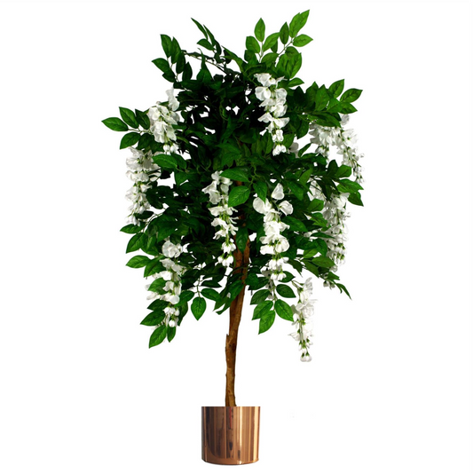 130cm Luxury Artificial Wisteria Tree White Flowers - Premium Range Copper Metal Planter