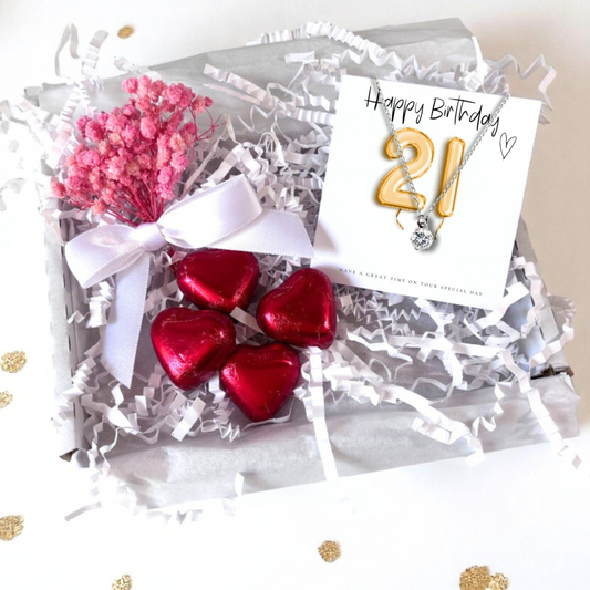 21st Birthday Cubic Zirconia Silver Necklace & Gold Balloons Mini Gift Hamper | Twenty First Gift | Girls 21st Birthday Gift Set UK