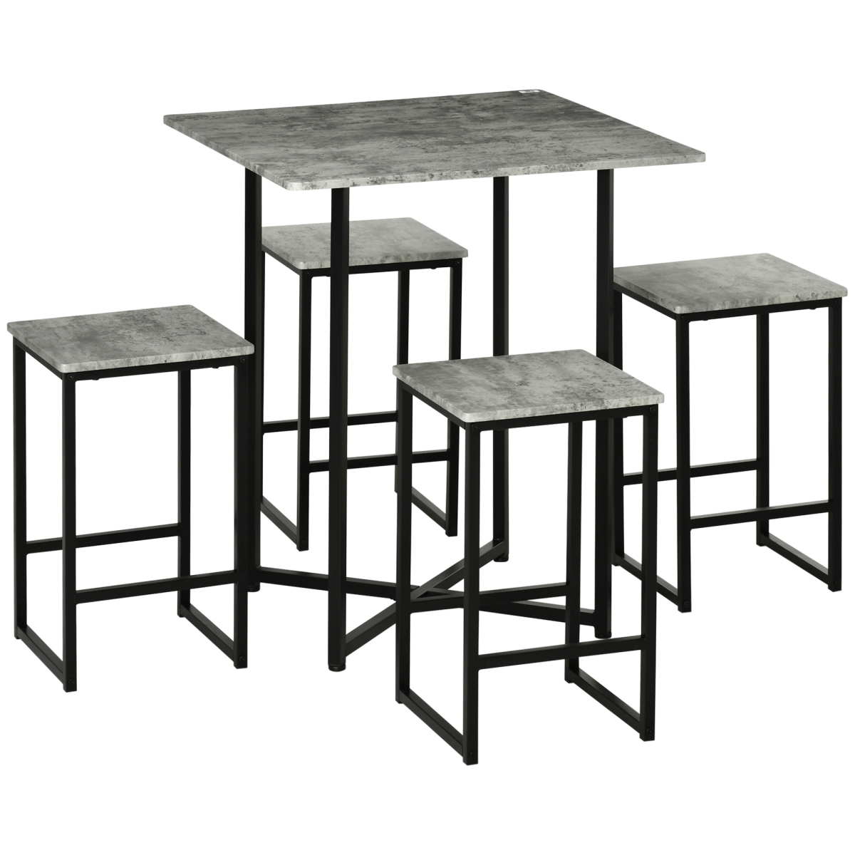 5pc Bar Table Set, Square Dining Table Set for 4 People,  Concrete Grey