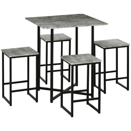 5pc Bar Table Set, Square Dining Table Set for 4 People,  Concrete Grey