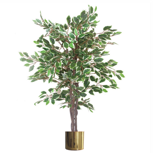 130cm LARGE Realistic White Edge Ficus Artificial Plant Tree Gold Metal Planter