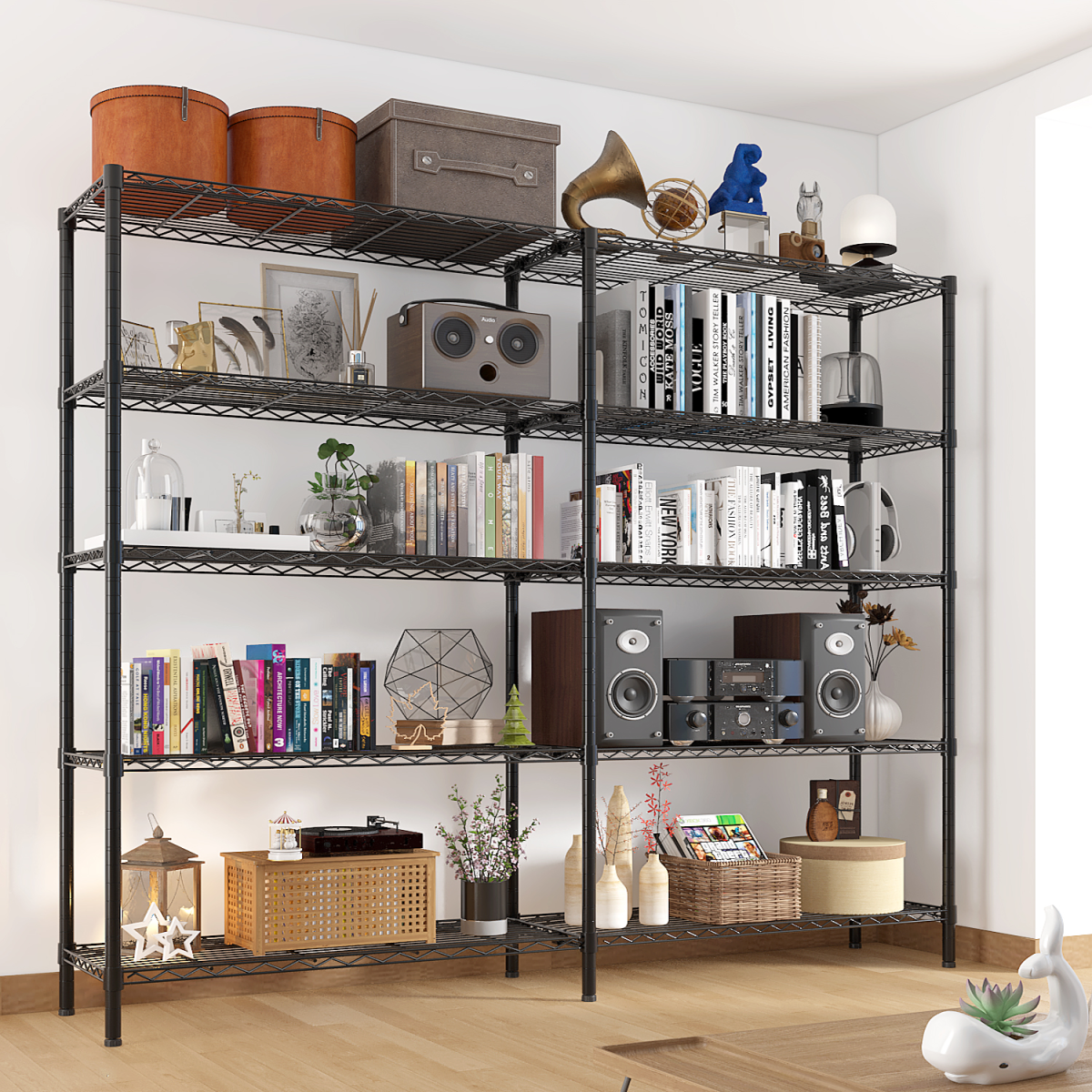 5-layer double row, freely adjustable layer spacing, with adjustable feet, display stand, iron, 177*40*180cm, powder-coated black