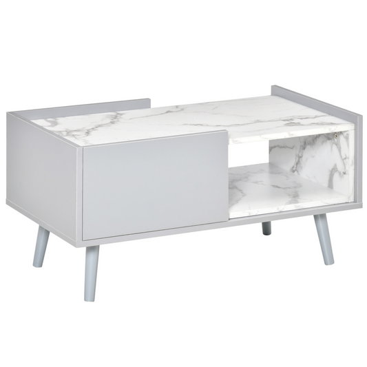 HOMCOM Two-Tone Coffee Table Marble Effect w/ Storage Wood Legs Home Furniture