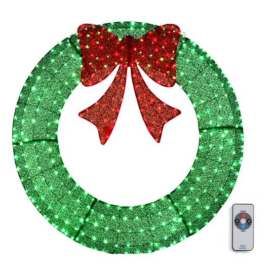 120cm Pre-lit Outdoor Christmas Wreath Decoration, Lighted Metal Wreath with Red Bow, Remote Control LED Lights with Timer, for Front Door Gate Wall Indoor Outdoor Holiday Party, Green