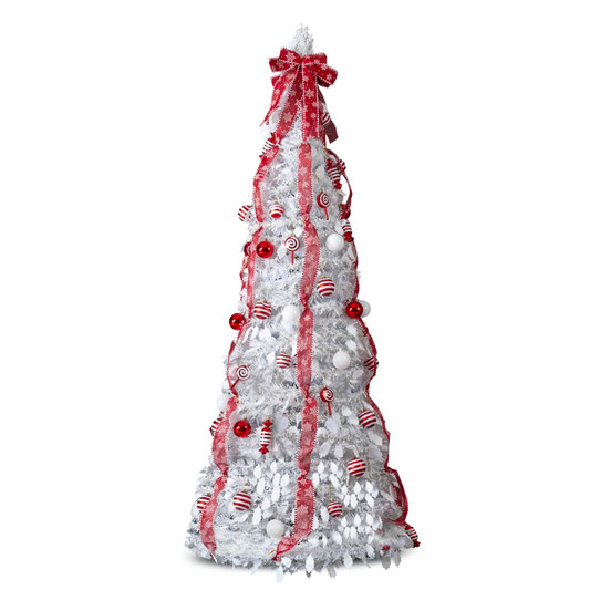 6 FT Fully Decorated Pre-lit Christmas Tree, Pop Up Artificial Xmas Tree with 100 Warm Lights and Red Ornaments for Home Office Store Holiday Deco, White