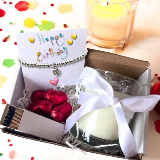Small Happy Birthday Gift Hamper - Cubic Zirconia Heart Bracelet, Chocolates & Candle