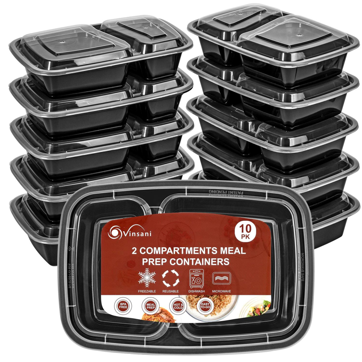 VINSANI 20pk 2 COMPARTMENTS MEAL PREP CONTAINERS 1010475
