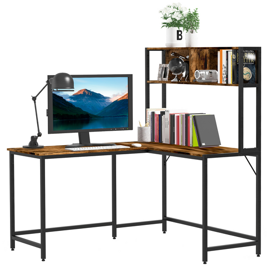 149x140x125cm Industrial L-Shaped Desk w Shelf - Brown & Black