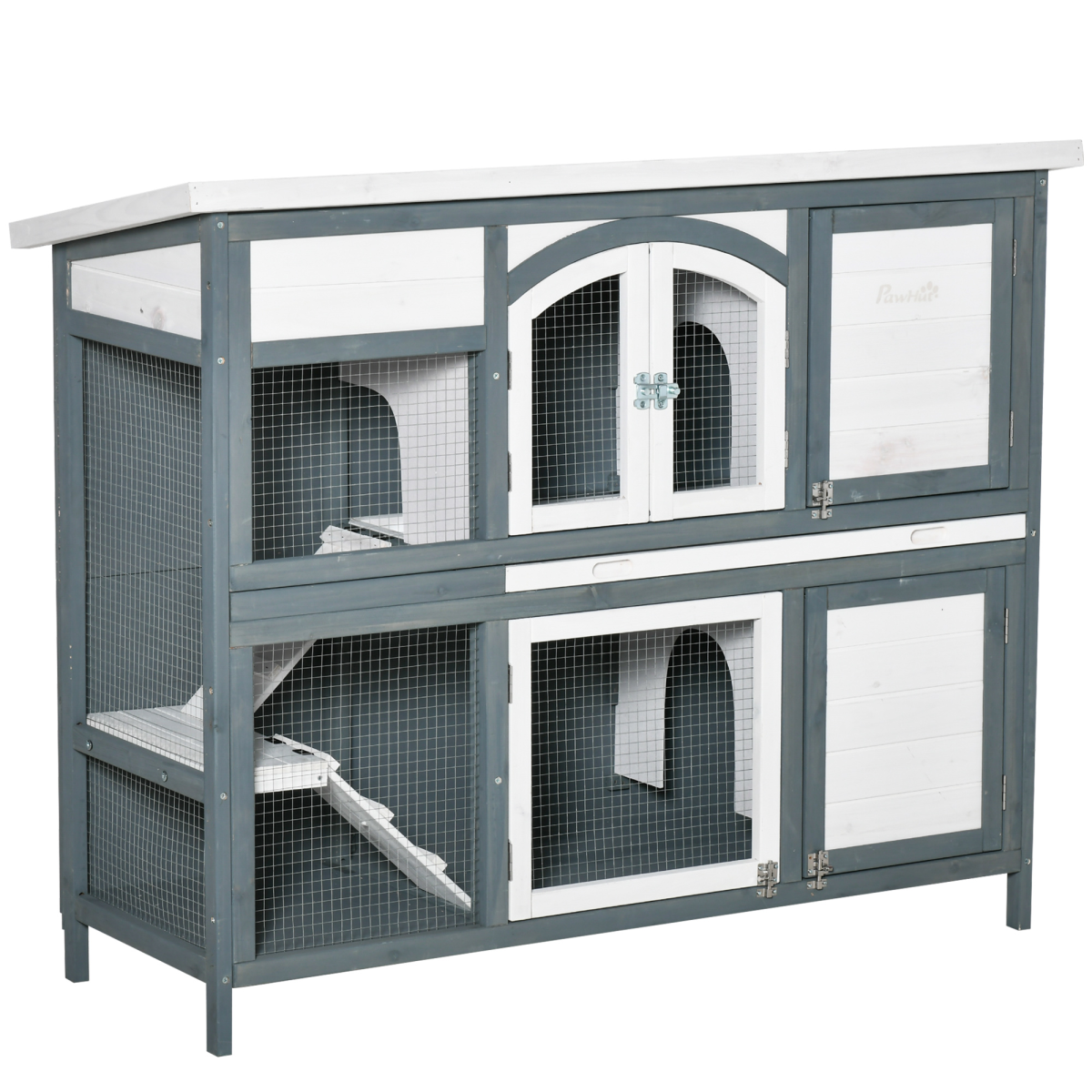Two-Tier Wooden Rabbit Hutch Bunny Run w/ Openable Roof, Slide-Out Tray, Ramp