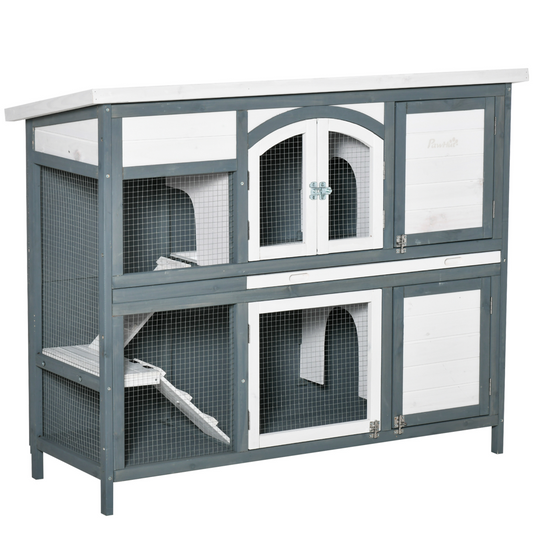 Two-Tier Wooden Rabbit Hutch Bunny Run w/ Openable Roof, Slide-Out Tray, Ramp