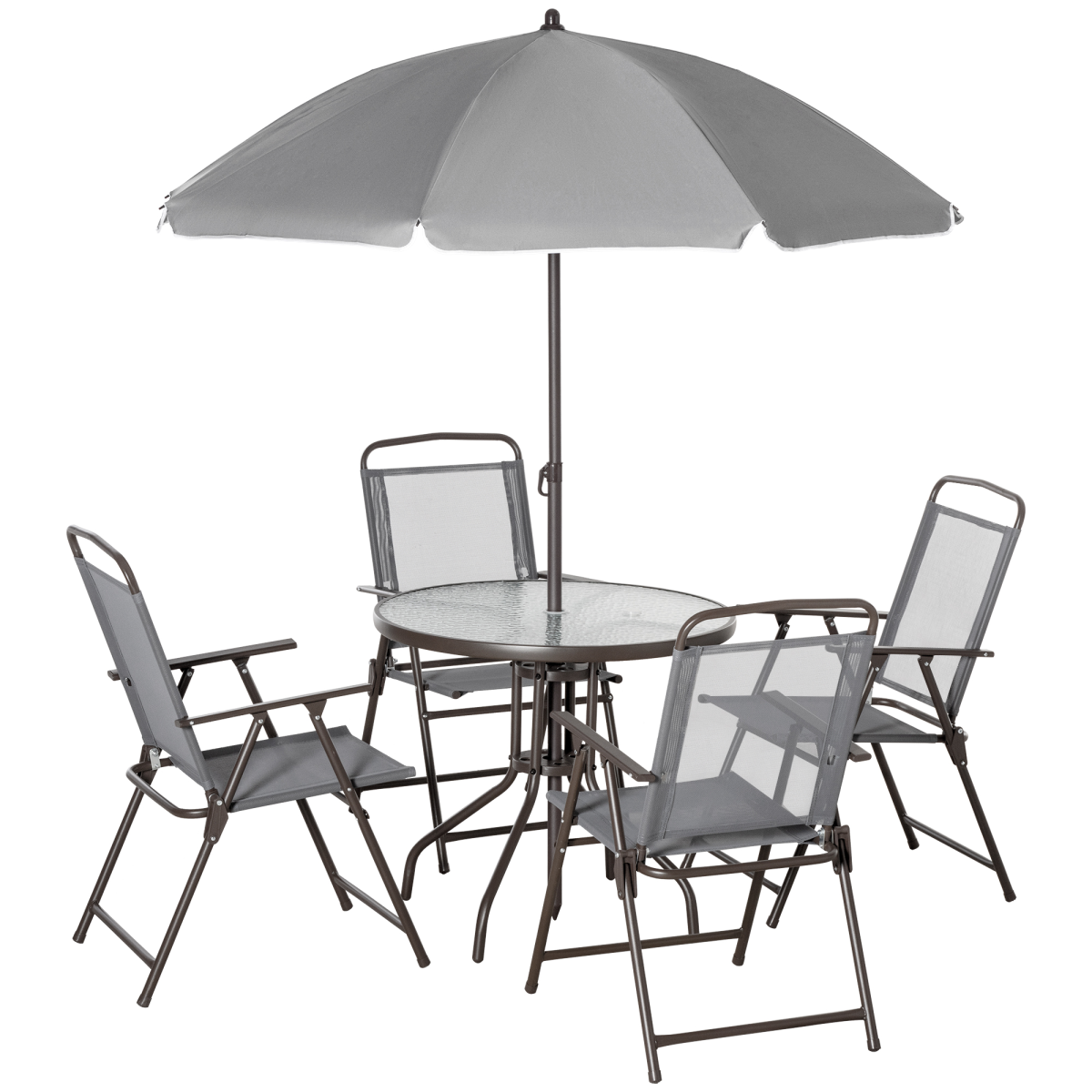 6Pc Patio Dining Set with Umbrella, 4 Folding Chairs Glass Table