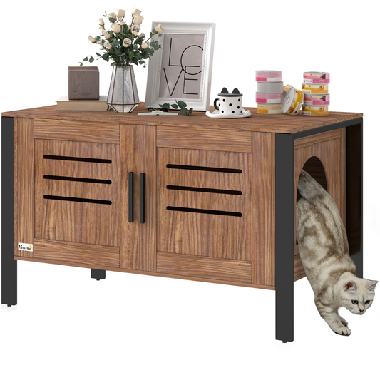 PawHut Cat Litter Box Enclosure w/ Tall Legs, Scratching Board, Dark Brown