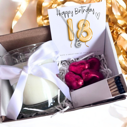 Small 18th Birthday Gold Balloons Gift Necklace Hamper | Girls 18th Birthday Candle Gift UK