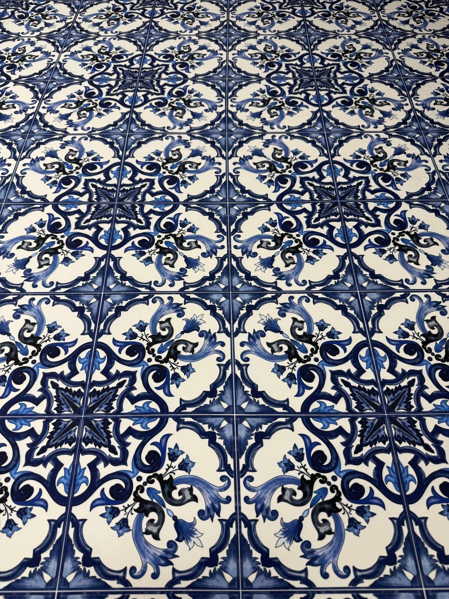Majolica Pattern Blue White Swirl Fabric by Metre