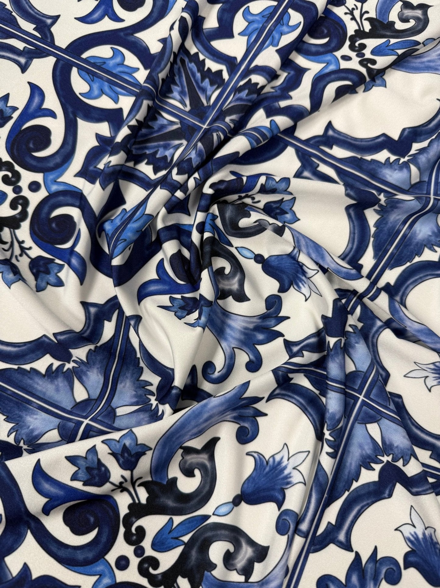 Majolica Pattern Blue White Swirl Fabric by Metre