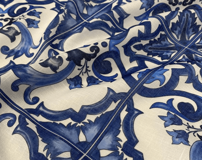 Majolica Pattern Blue White Swirl Fabric by Metre
