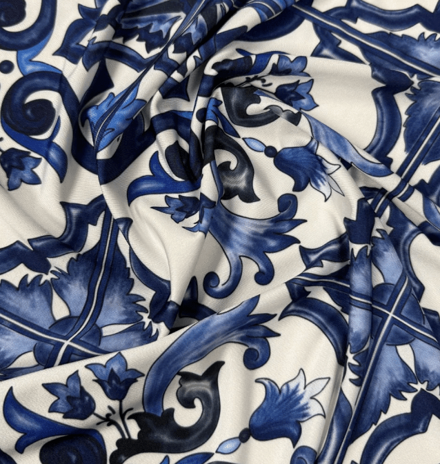Majolica Pattern Blue White Swirl Fabric by Metre