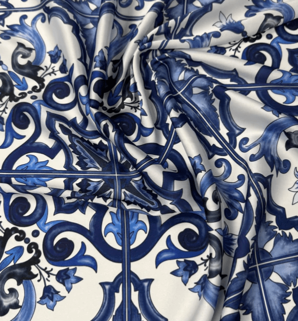 Majolica Pattern Blue White Swirl Fabric by Metre