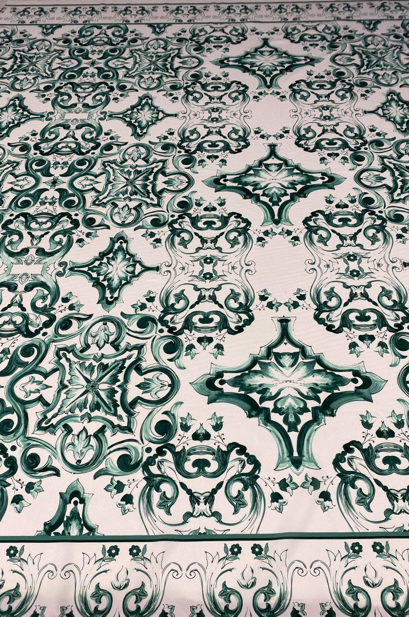 Majolica Floral Scroll Green White Fabric by the Metre