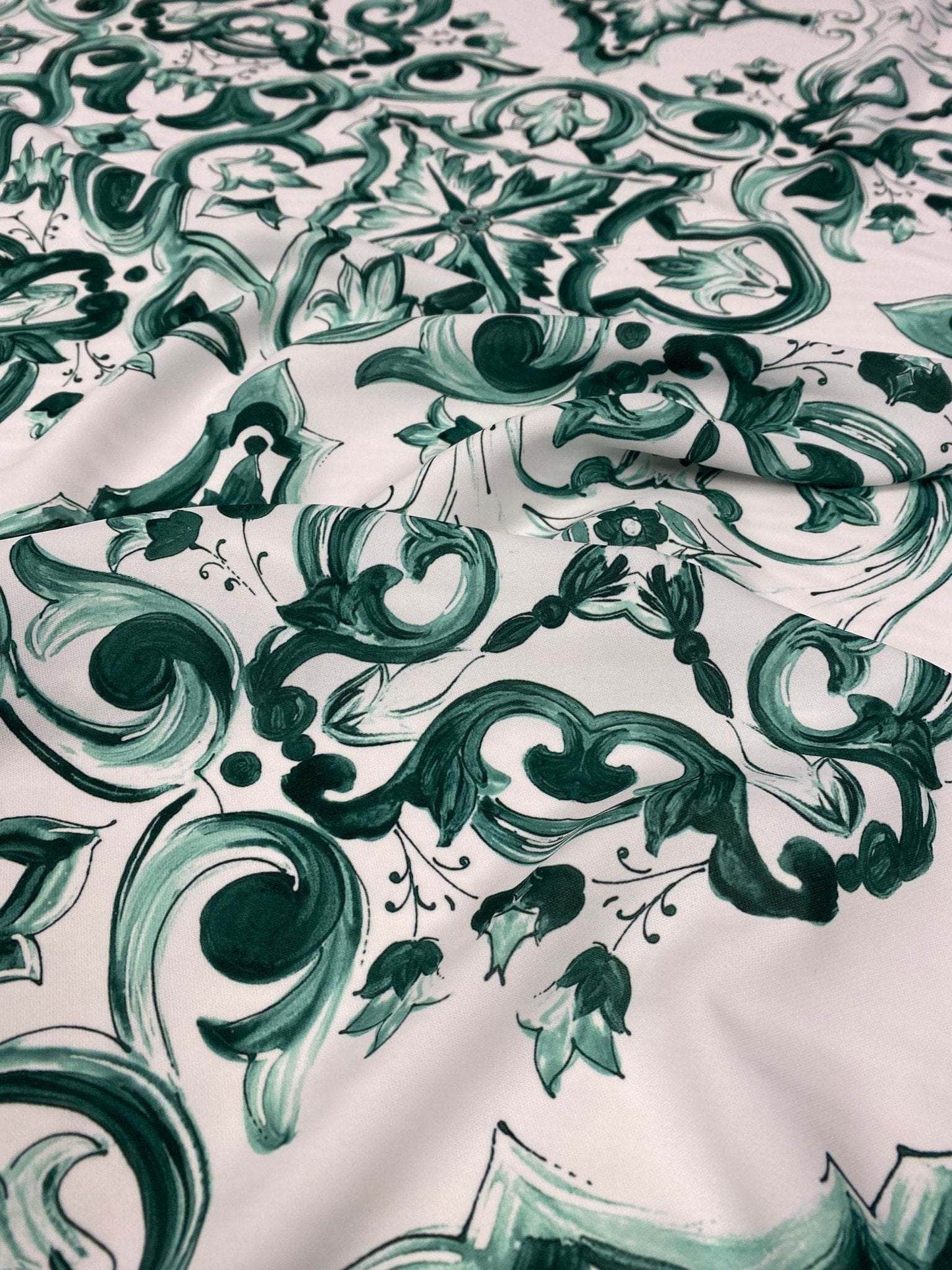 Majolica Floral Scroll Green White Fabric by the Metre