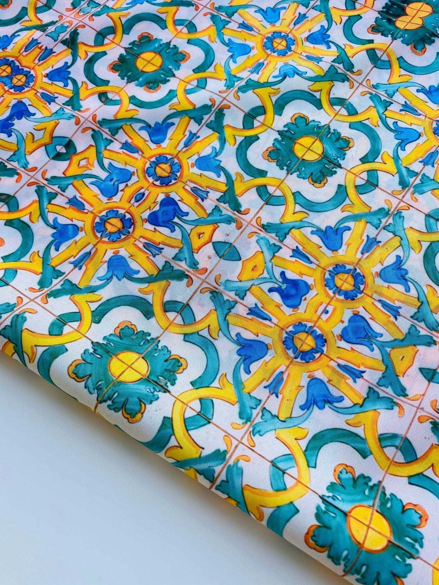 Yellow, Blue & Green Pattern Mediterranean Tile Print Fabric By Metre