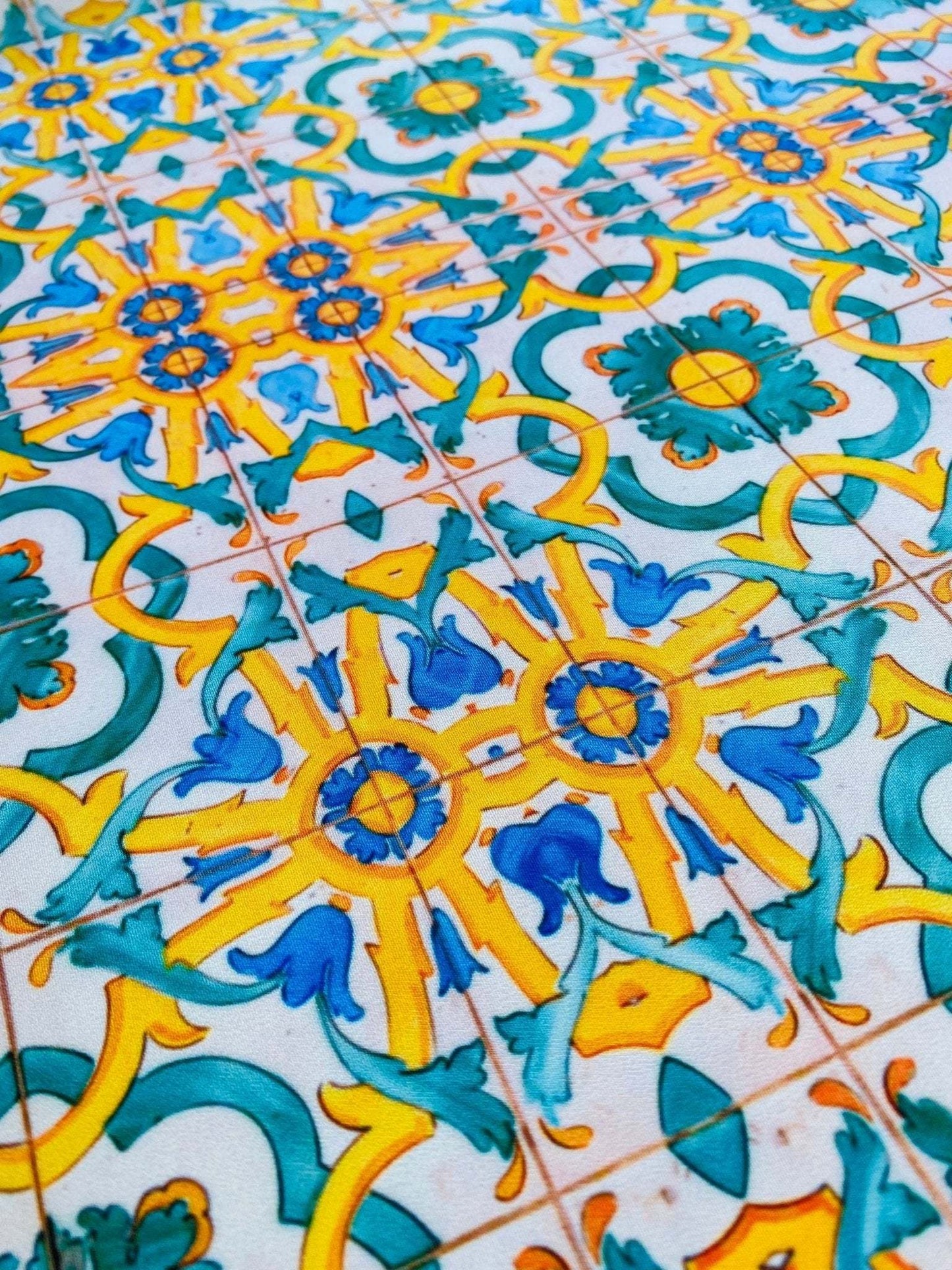 Yellow, Blue & Green Pattern Mediterranean Tile Print Fabric By Metre
