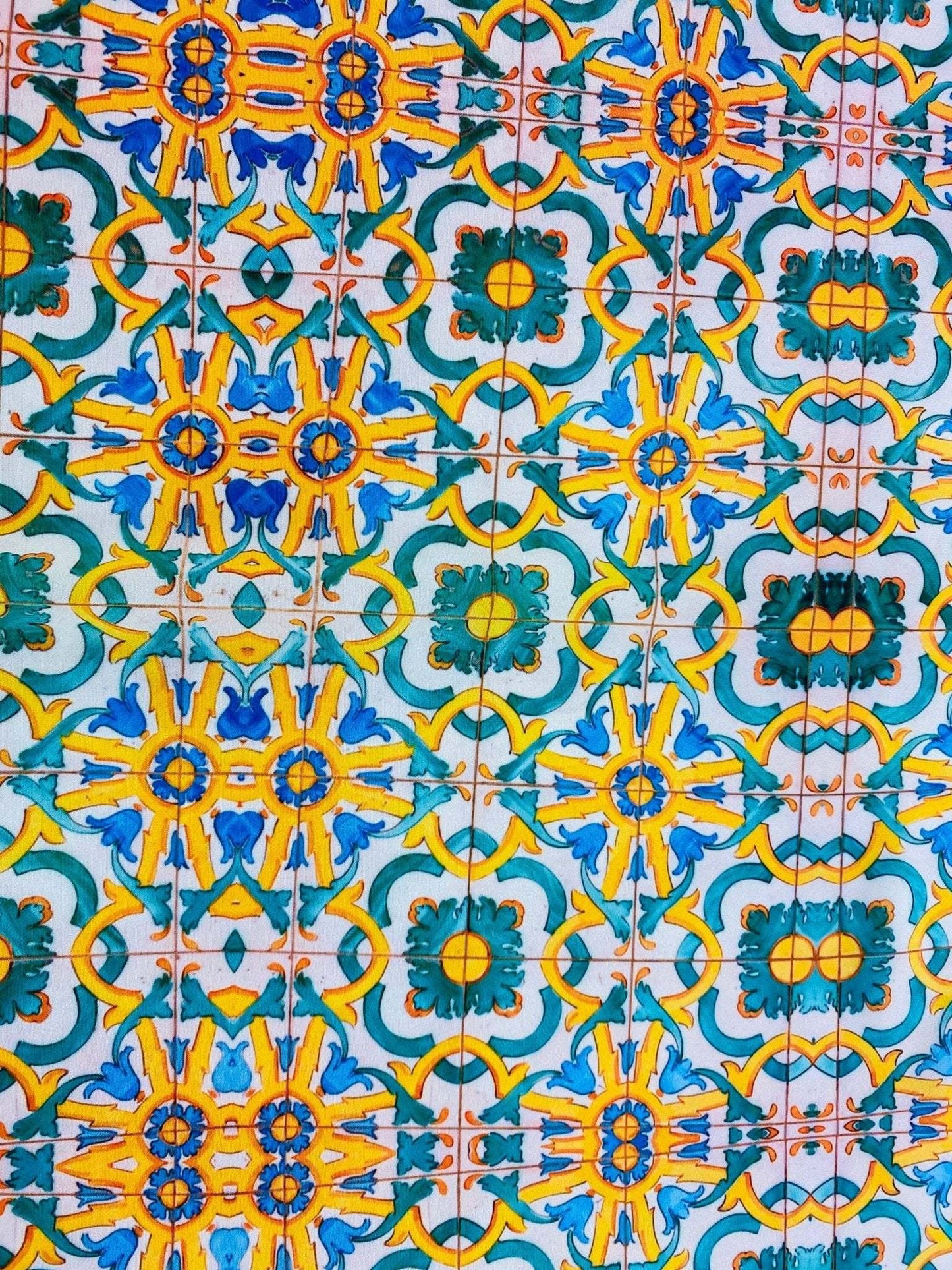 Yellow, Blue & Green Pattern Mediterranean Tile Print Fabric By Metre