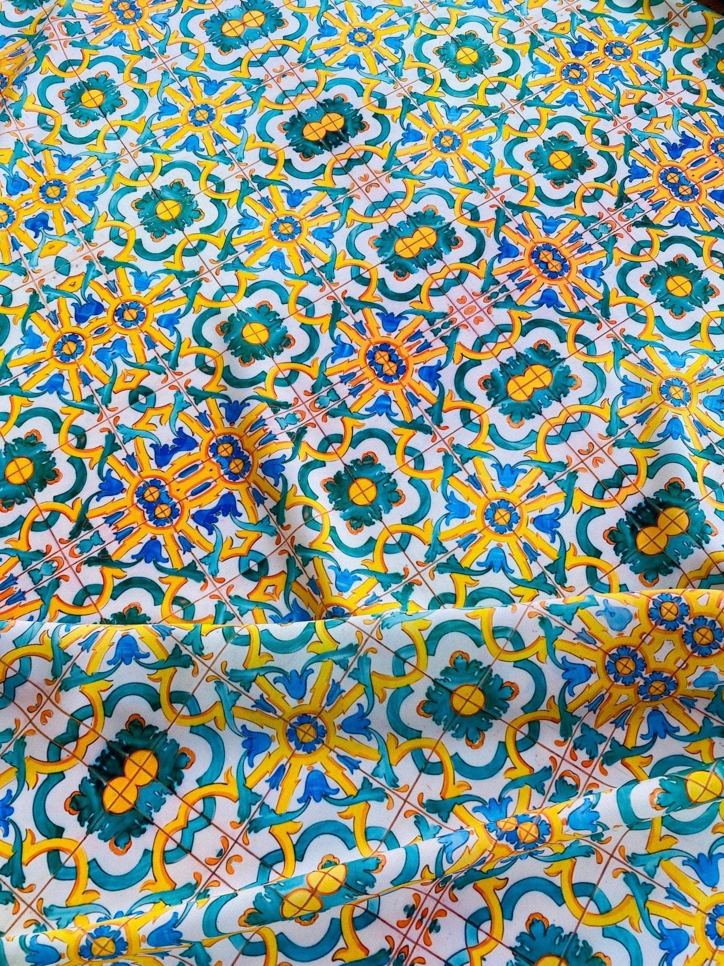 Yellow, Blue & Green Pattern Mediterranean Tile Print Fabric By Metre