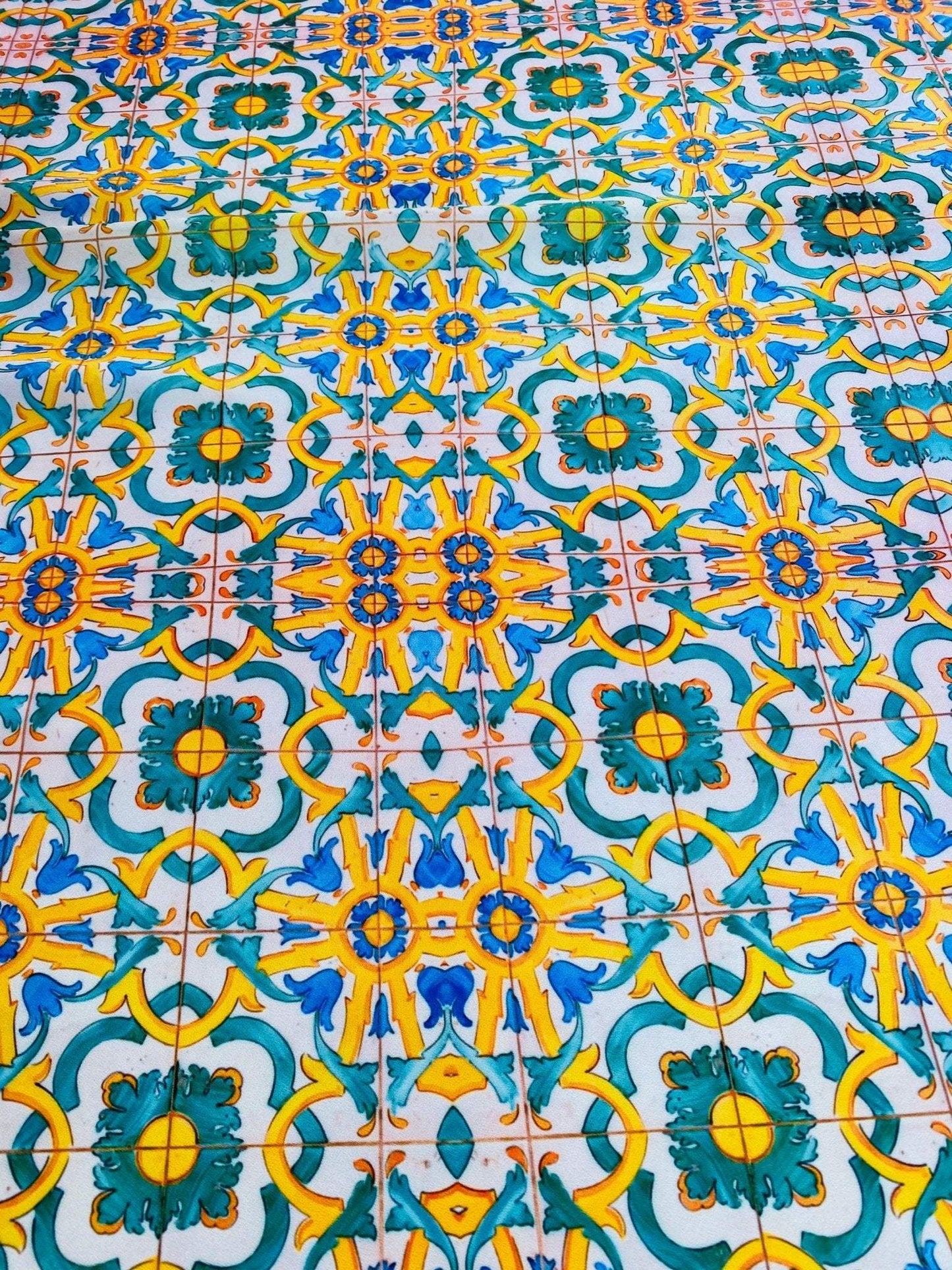 Yellow, Blue & Green Pattern Mediterranean Tile Print Fabric By Metre