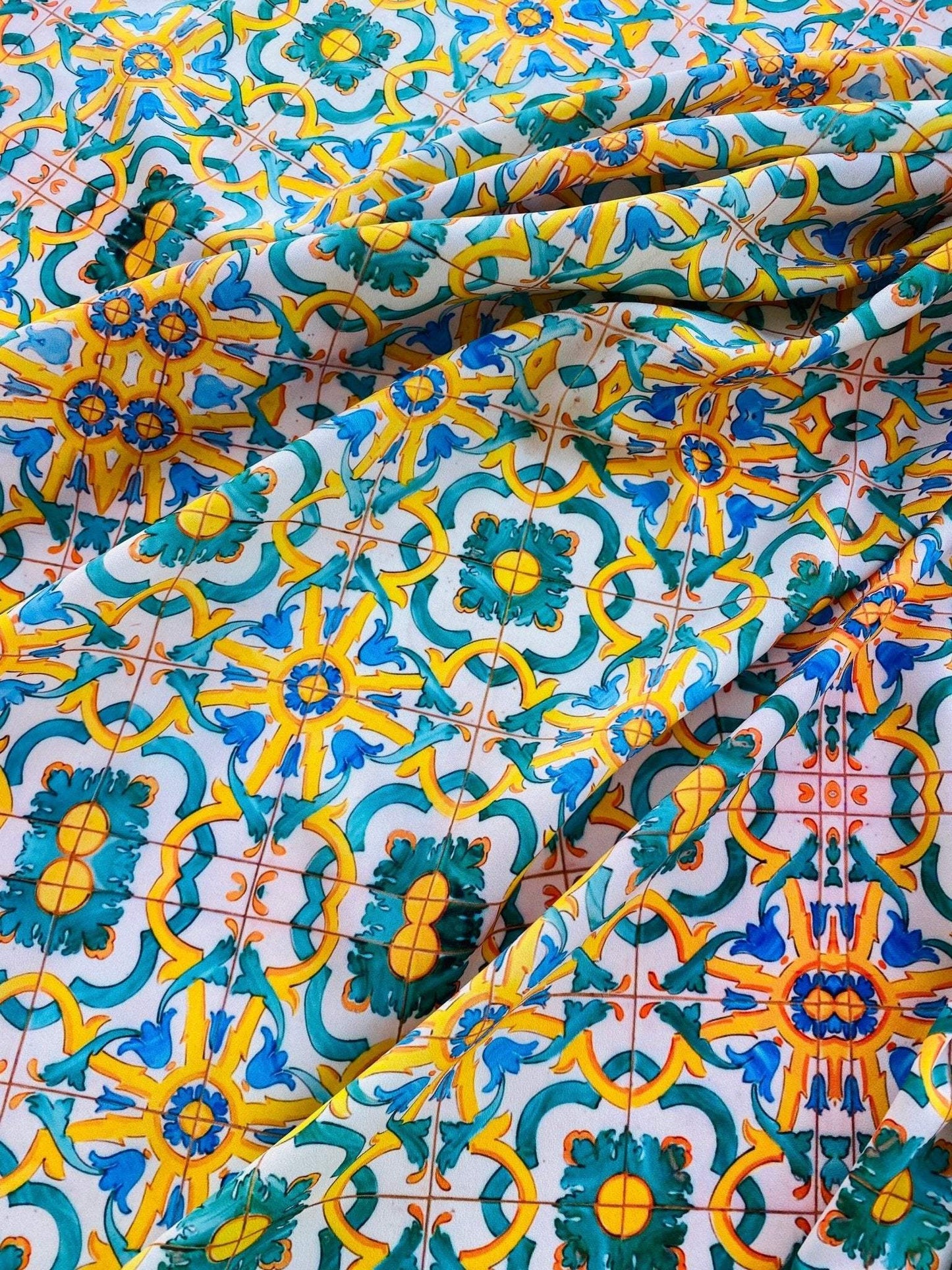 Yellow, Blue & Green Pattern Mediterranean Tile Print Fabric By Metre