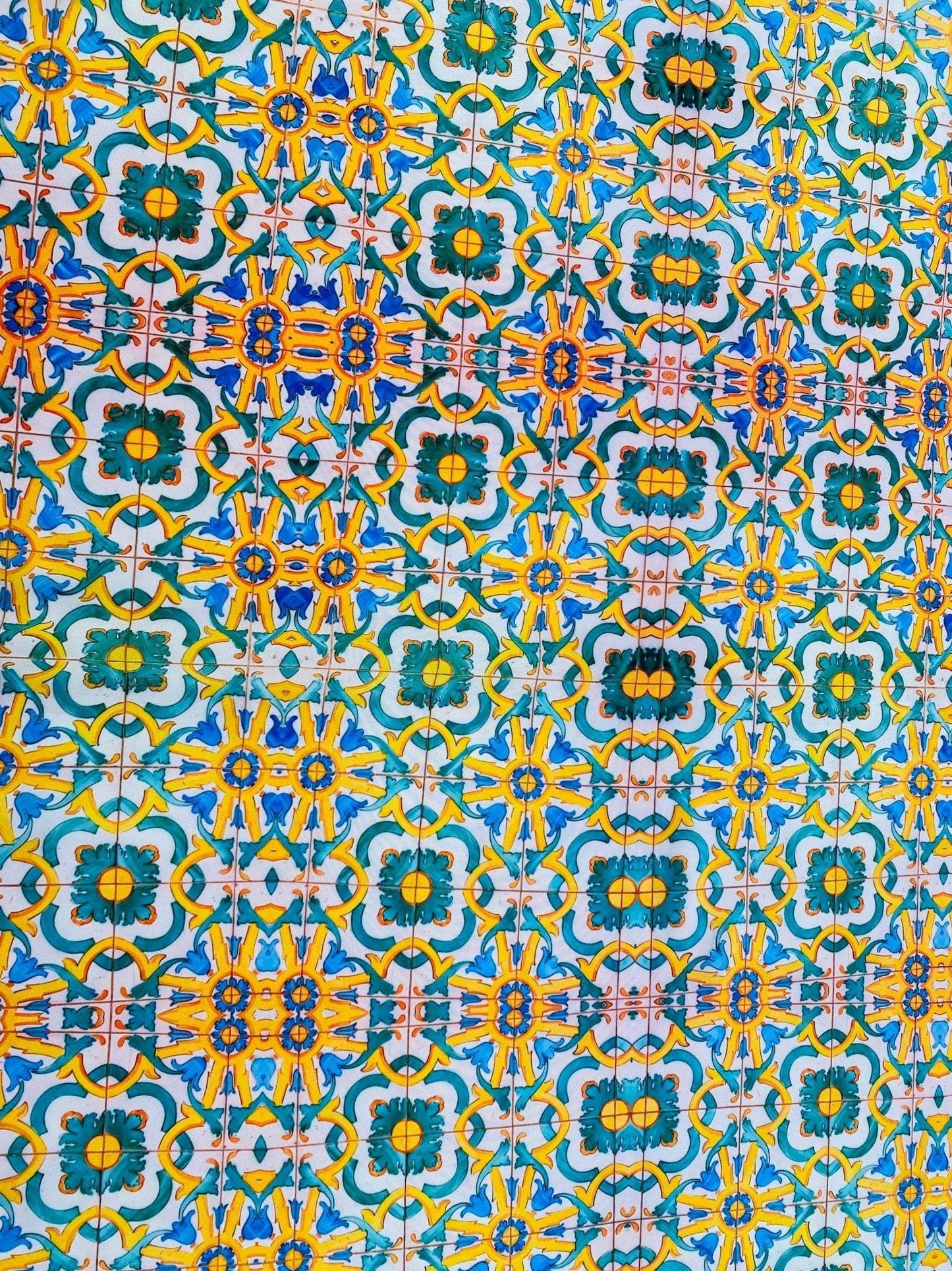 Yellow, Blue & Green Pattern Mediterranean Tile Print Fabric By Metre