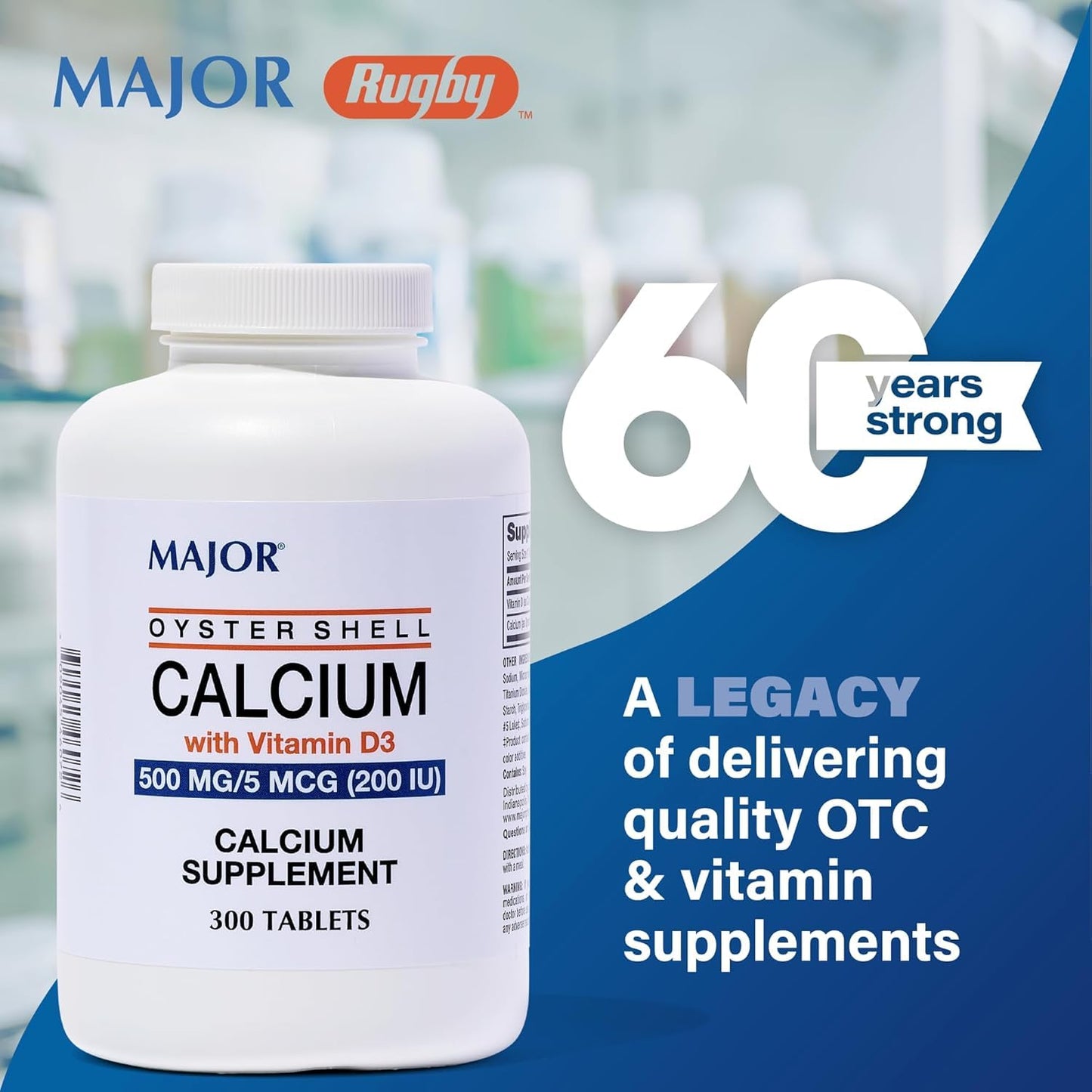 Major Oyster Shell Calcium with Vitamin D3 500 mg | Daily Calcium Supplement, 300 Tablets