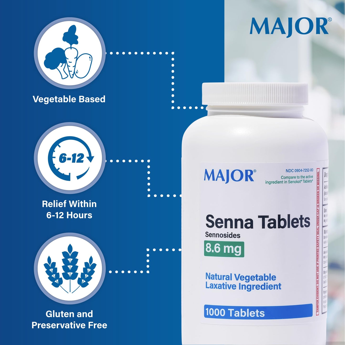MAJOR Senna 8.6 mg Natural Vegetable Laxative Tablets - 1000-Count (1-Pack) | Gentle Plant-Based Relief