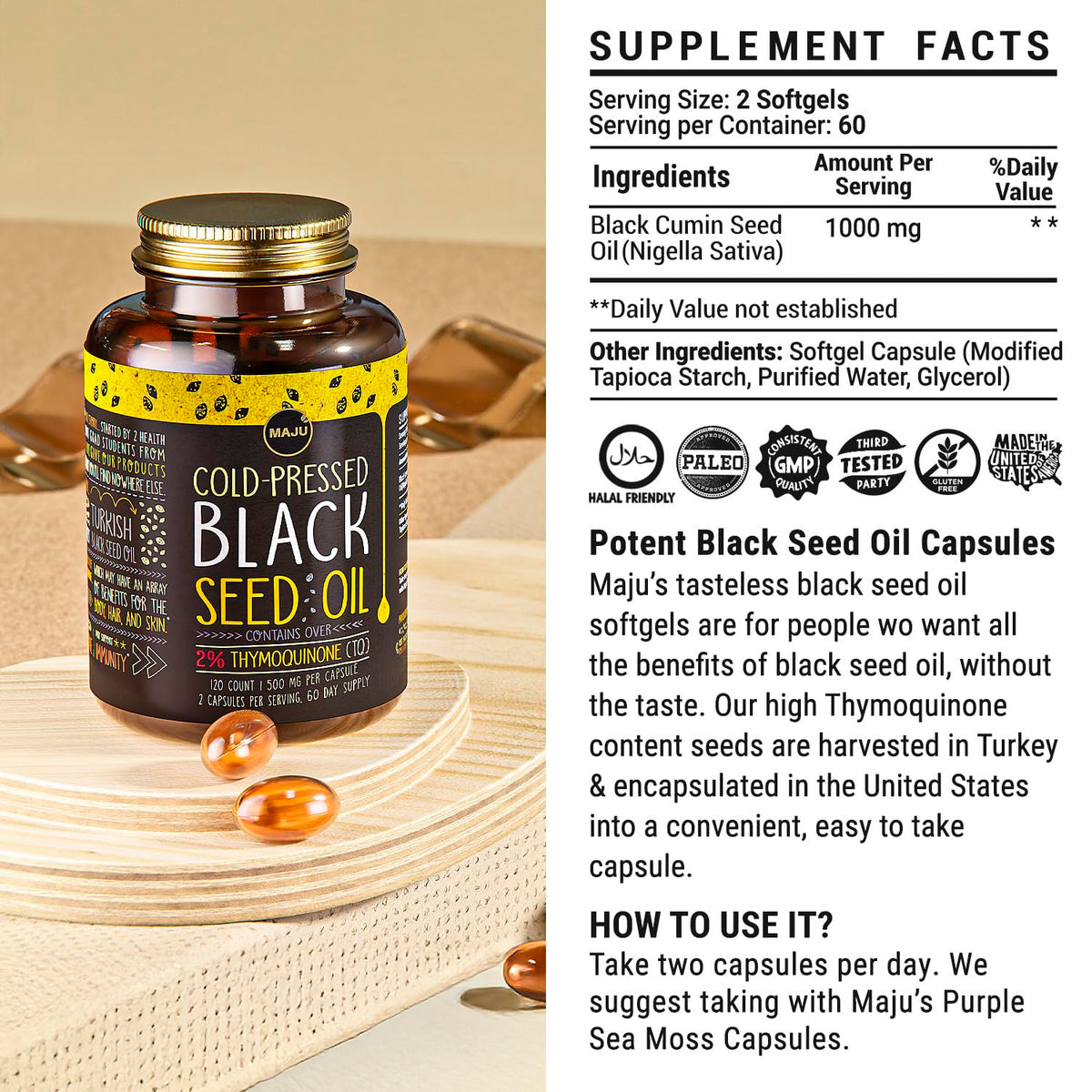 Maju Superfoods Black Seed Oil Capsules – 2% Thymoquinone, 120x500mg, Cold-Pressed Turkish Nigella Sativa (2-Pack)